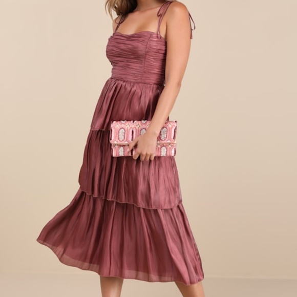 Lulus Tennon Dusty Rose Plisse Tiered Midi Dress Pink - Size L - Picture 1 of 1